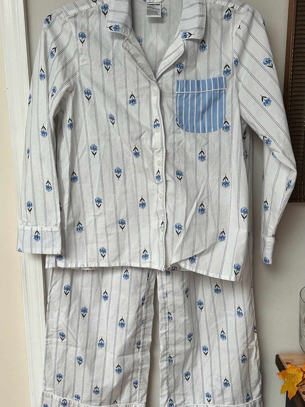 Lands' End White and Blue Floral Stripe Girls' Pajama Set